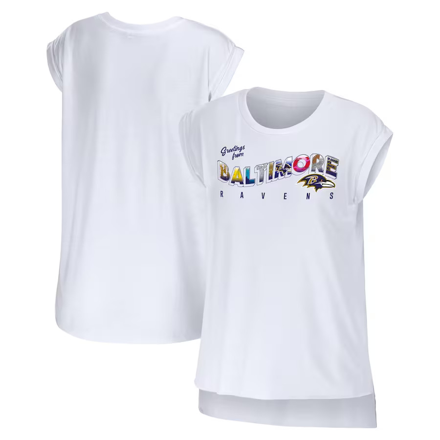Women's Baltimore Ravens WEAR by Erin Andrews White Greetings From Muscle T-Shirt